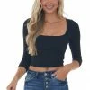 Style Melody Black Square Neck Long Sleeve Ribbed Crop Top