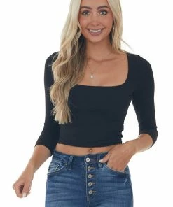 Style Melody Black Square Neck Long Sleeve Ribbed Crop Top