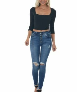 Style Melody Black Square Neck Long Sleeve Ribbed Crop Top