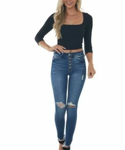 Style Melody Black Square Neck Long Sleeve Ribbed Crop Top
