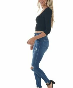 Style Melody Black Square Neck Long Sleeve Ribbed Crop Top