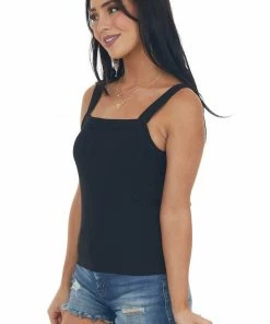Aemi + Co Tops Black Square Neck Tiered Trim Knit Tank Top 11 Aemi + Co Tops Black Square Neck Tiered Trim Knit Tank Top