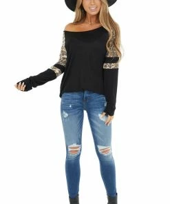 HEIMISH Black Stretchy Knit Top With Raglan Leopard Print Sleeves