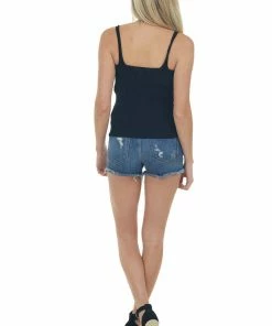 Eesome Black Stretchy Ribbed Knit V Neck Tank Top Tops