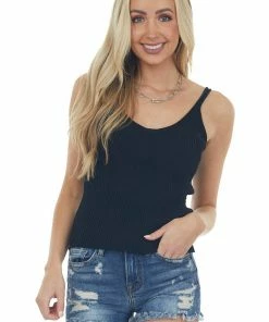 Eesome Black Stretchy Ribbed Knit V Neck Tank Top Tops