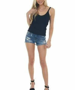Eesome Black Stretchy Ribbed Knit V Neck Tank Top Tops