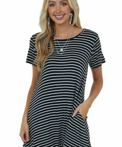 HEIMISH Dresses Black Stripe Printed Short Sleeve Swing Dress