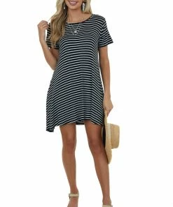 HEIMISH Dresses Black Stripe Printed Short Sleeve Swing Dress 10 HEIMISH Dresses Black Stripe Printed Short Sleeve Swing Dress