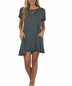HEIMISH Dresses Black Stripe Printed Short Sleeve Swing Dress 9 HEIMISH Dresses Black Stripe Printed Short Sleeve Swing Dress