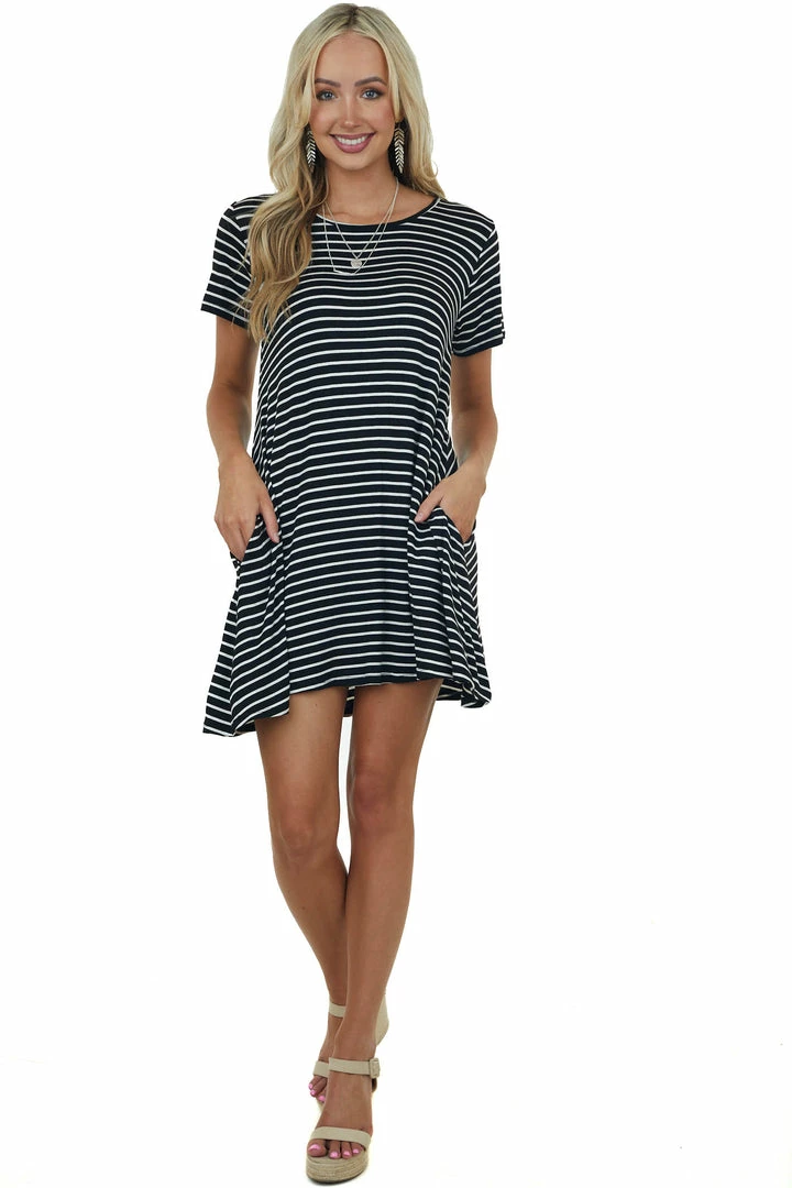 HEIMISH Dresses Black Stripe Printed Short Sleeve Swing Dress 4 HEIMISH Dresses Black Stripe Printed Short Sleeve Swing Dress