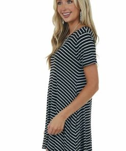 HEIMISH Dresses Black Stripe Printed Short Sleeve Swing Dress 11 HEIMISH Dresses Black Stripe Printed Short Sleeve Swing Dress