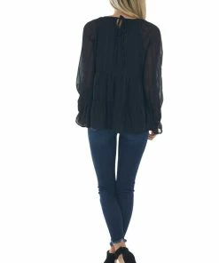 Andree Tops Black Striped Bubble Sleeve Tiered Blouse