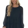 Andree Tops Black Striped Bubble Sleeve Tiered Blouse