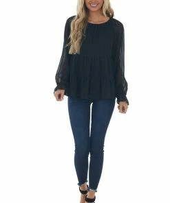 Andree Tops Black Striped Bubble Sleeve Tiered Blouse
