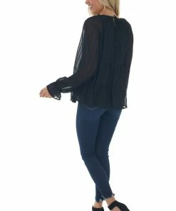 Andree Tops Black Striped Bubble Sleeve Tiered Blouse