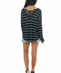 Lovely Melody Black Striped Long Sleeve Knit Top With Back Lace Detail Tops