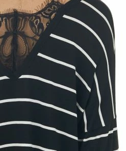 Lovely Melody Black Striped Long Sleeve Knit Top With Back Lace Detail Tops