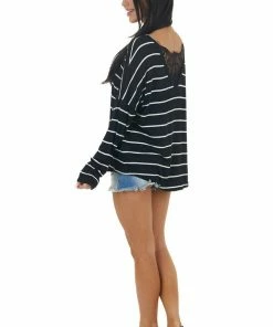 Lovely Melody Black Striped Long Sleeve Knit Top With Back Lace Detail Tops