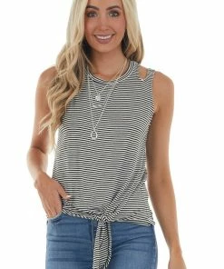Lime Lush Tops Black Striped Shoulder Cut Out Knit Tank Top With Front Tie