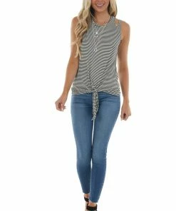 Lime Lush Tops Black Striped Shoulder Cut Out Knit Tank Top With Front Tie