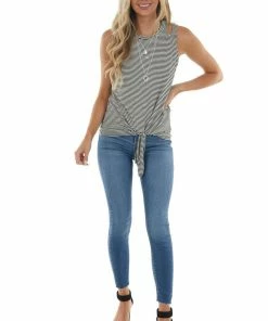 Lime Lush Tops Black Striped Shoulder Cut Out Knit Tank Top With Front Tie