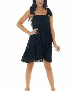 Sweet Lovely Black Striped Sleeveless Tiered Short Woven Dress Dresses 20 Sweet Lovely Black Striped Sleeveless Tiered Short Woven Dress Dresses