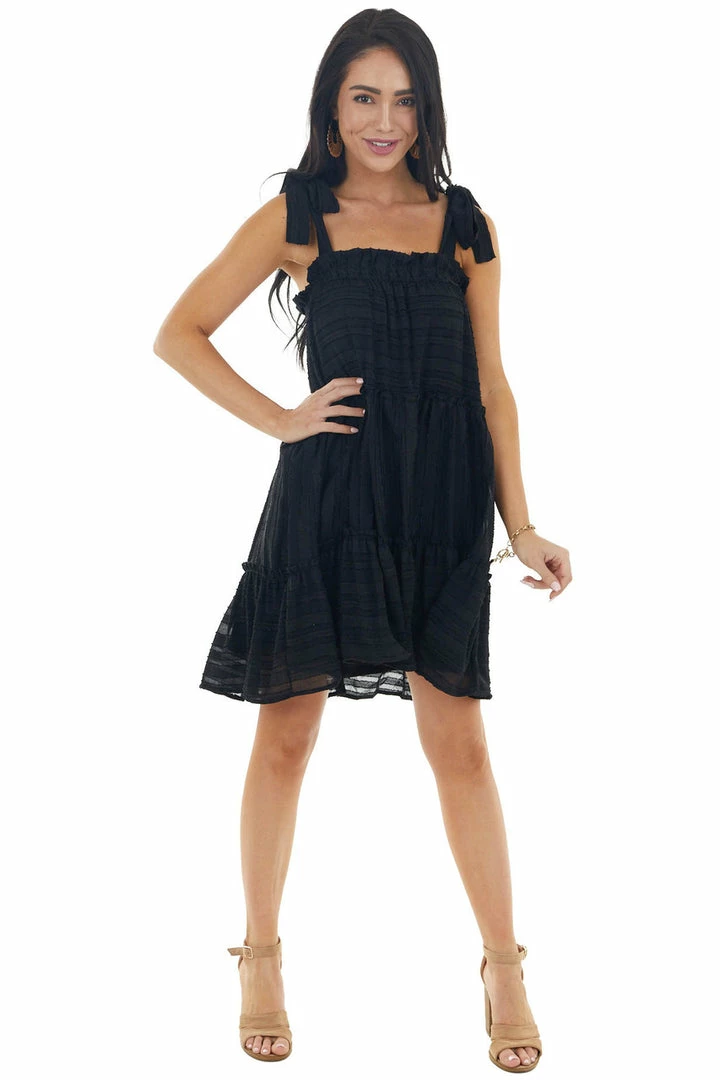 Sweet Lovely Black Striped Sleeveless Tiered Short Woven Dress Dresses 5 Sweet Lovely Black Striped Sleeveless Tiered Short Woven Dress Dresses