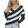 Cezele Black Striped V Neck Cross Over Sweater Top