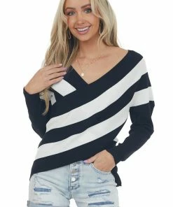 Cezele Black Striped V Neck Cross Over Sweater Top