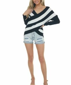 Cezele Black Striped V Neck Cross Over Sweater Top