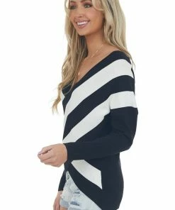 Cezele Black Striped V Neck Cross Over Sweater Top