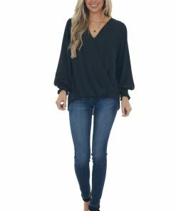 Vine & Love Black Surplice Long Sleeve Bubble Hem Blouse