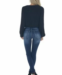 She + Sky Black Surplice Long Sleeve Pleated Blouse