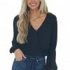 She + Sky Black Surplice Long Sleeve Pleated Blouse