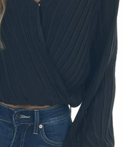 She + Sky Black Surplice Long Sleeve Pleated Blouse