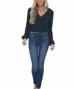 She + Sky Black Surplice Long Sleeve Pleated Blouse