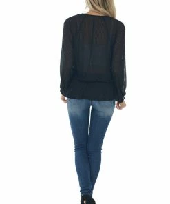 Umgee Black Surplice Neck Loose Peplum Ribbed Top Tops