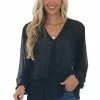 Umgee Black Surplice Neck Loose Peplum Ribbed Top Tops