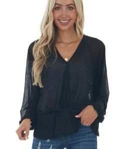Umgee Black Surplice Neck Loose Peplum Ribbed Top Tops