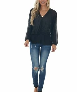 Umgee Black Surplice Neck Loose Peplum Ribbed Top Tops