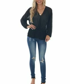 Umgee Black Surplice Neck Loose Peplum Ribbed Top Tops