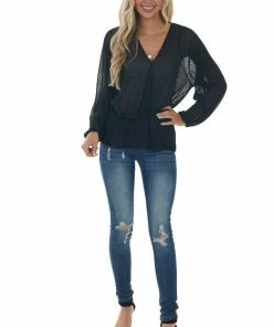 Umgee Black Surplice Neck Loose Peplum Ribbed Top Tops