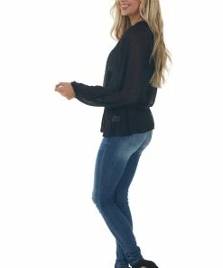 Umgee Black Surplice Neck Loose Peplum Ribbed Top Tops