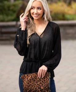 Umgee Black Surplice Neck Loose Peplum Ribbed Top Tops