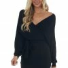 Style Melody Black Surplice Ribbed Knit Sweater Dress Dresses