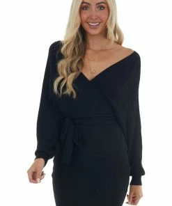 Style Melody Black Surplice Ribbed Knit Sweater Dress Dresses
