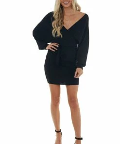 Style Melody Black Surplice Ribbed Knit Sweater Dress Dresses 22 Style Melody Black Surplice Ribbed Knit Sweater Dress Dresses