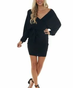 Style Melody Black Surplice Ribbed Knit Sweater Dress Dresses 21 Style Melody Black Surplice Ribbed Knit Sweater Dress Dresses