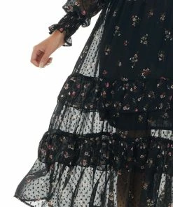 ANGIE Black Swiss Dot Floral Print Midi Dress