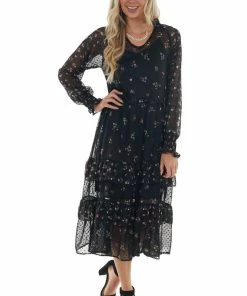 ANGIE Black Swiss Dot Floral Print Midi Dress